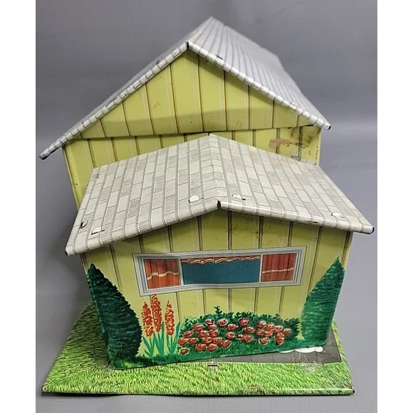 Vintage Tin Litho Ranch Style Metal Dollhouse T Cohn 1950 Furniture Pool READ - Picture 15 of 16
